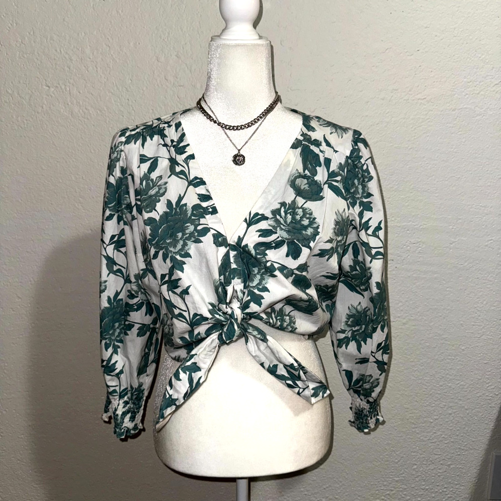 Abercrombie & Fitch Cropped Top Women's Medium Green White Floral Tie-Front